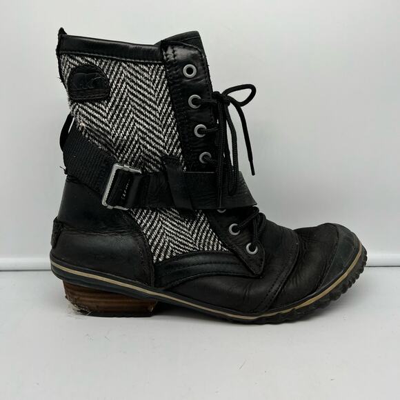 Sorel Boots Womens 8 SlimBoot Ankle Black Herringbone Waterproof Leather Winter - Picture 1 of 11
